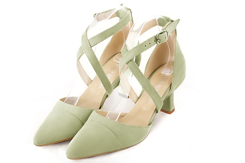 Meadow green women's open side shoes, with crossed straps. Tapered toe. Medium spool heels. Front view - Florence KOOIJMAN